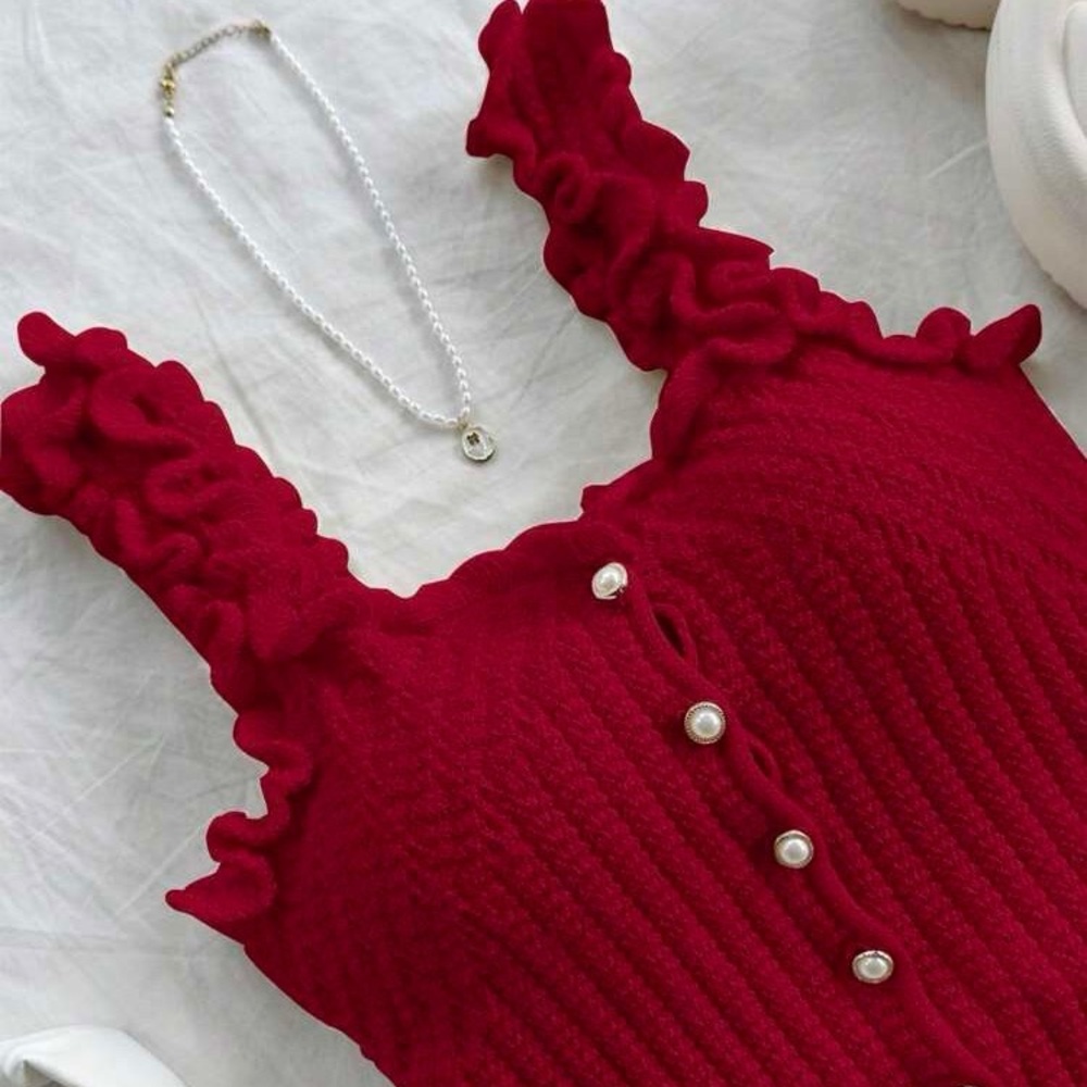 SHEIN Red Ribbed Ruffled Tank Top - Picture 2 of 5